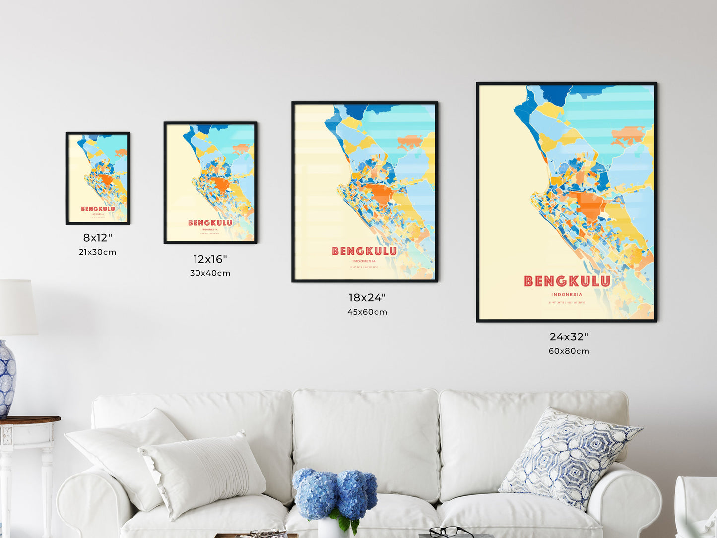 Colorful BENGKULU INDONESIA Fine Art Map Blue Orange