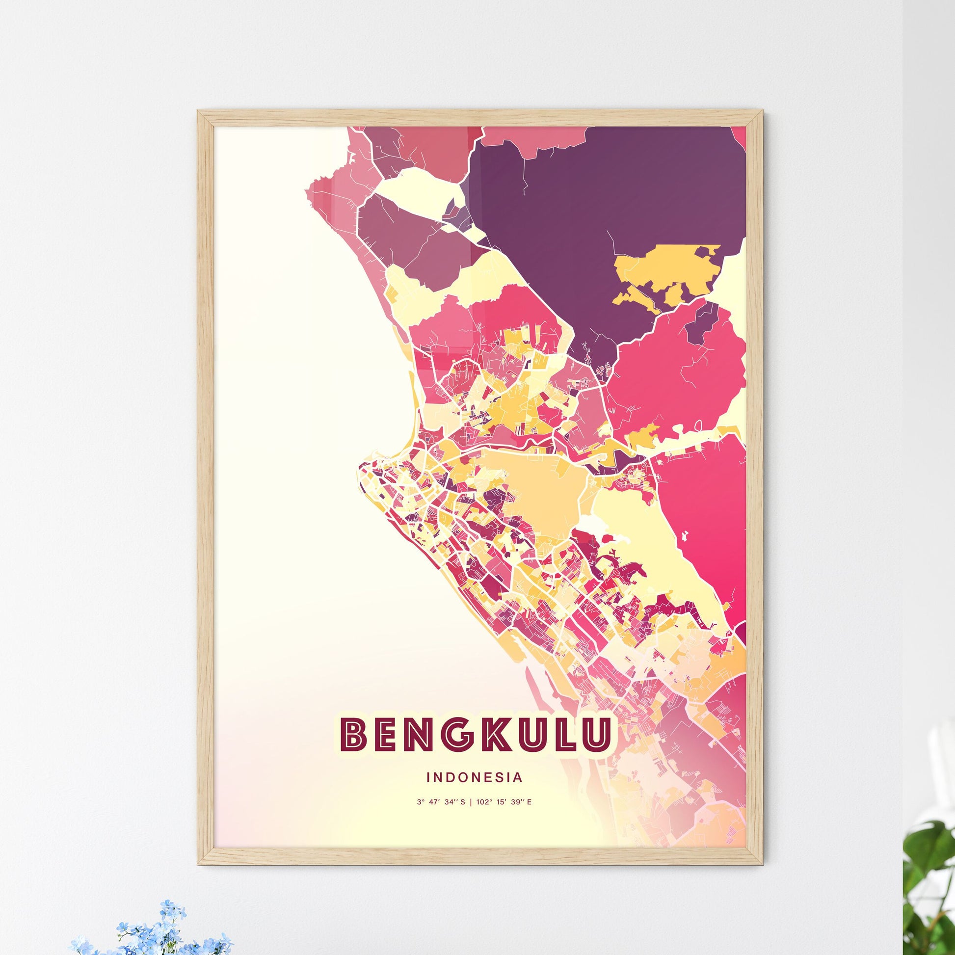 Colorful BENGKULU INDONESIA Fine Art Map Hot Red