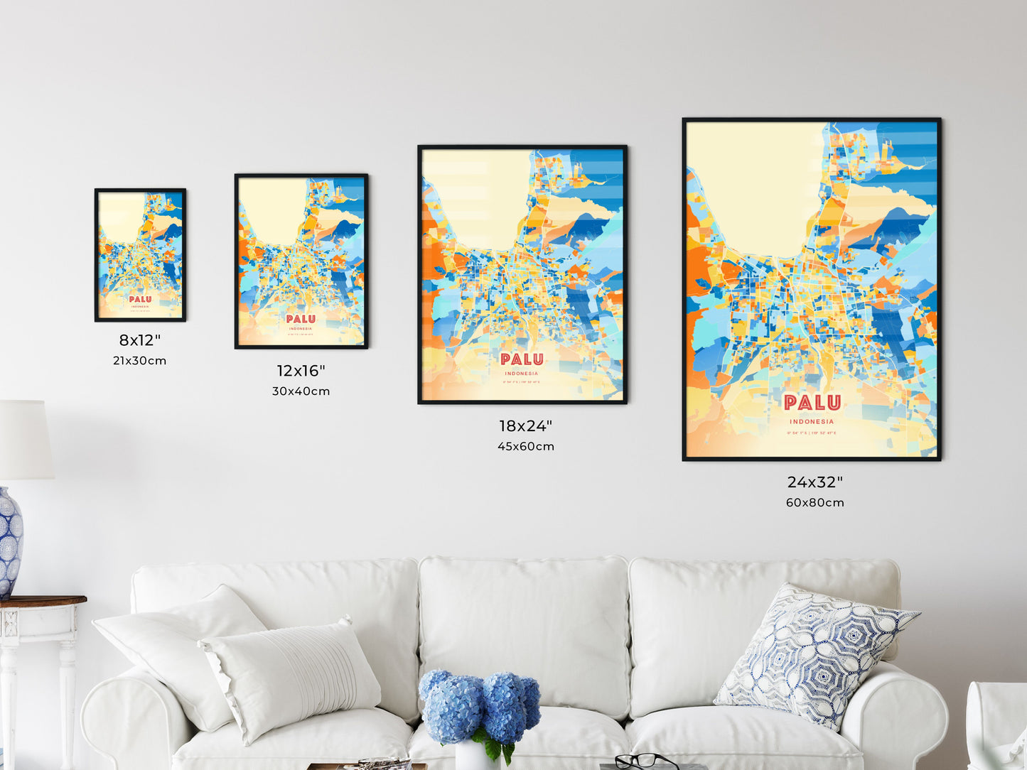 Colorful PALU INDONESIA Fine Art Map Blue Orange