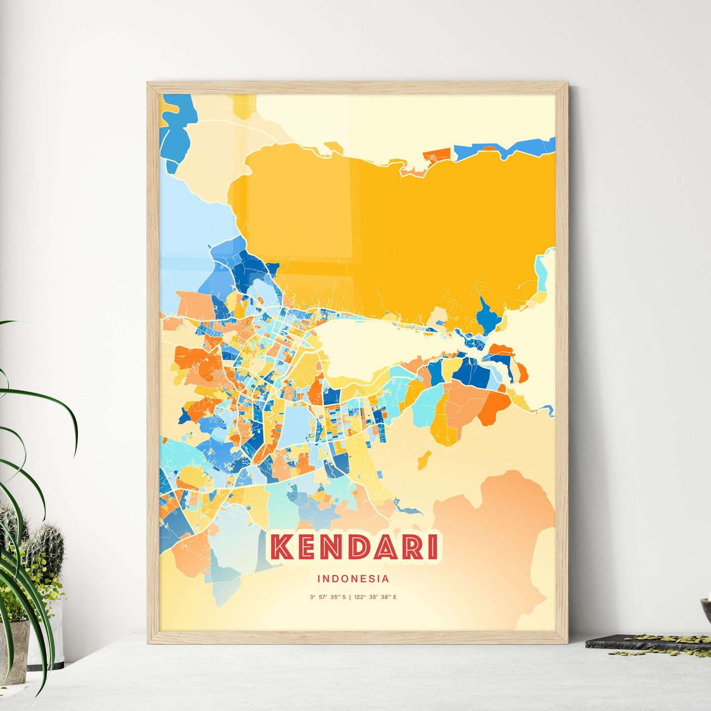 Colorful KENDARI INDONESIA Fine Art Map Blue Orange