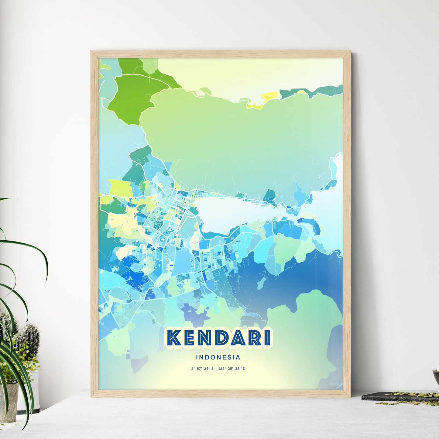 Colorful KENDARI INDONESIA Fine Art Map Cool Blue