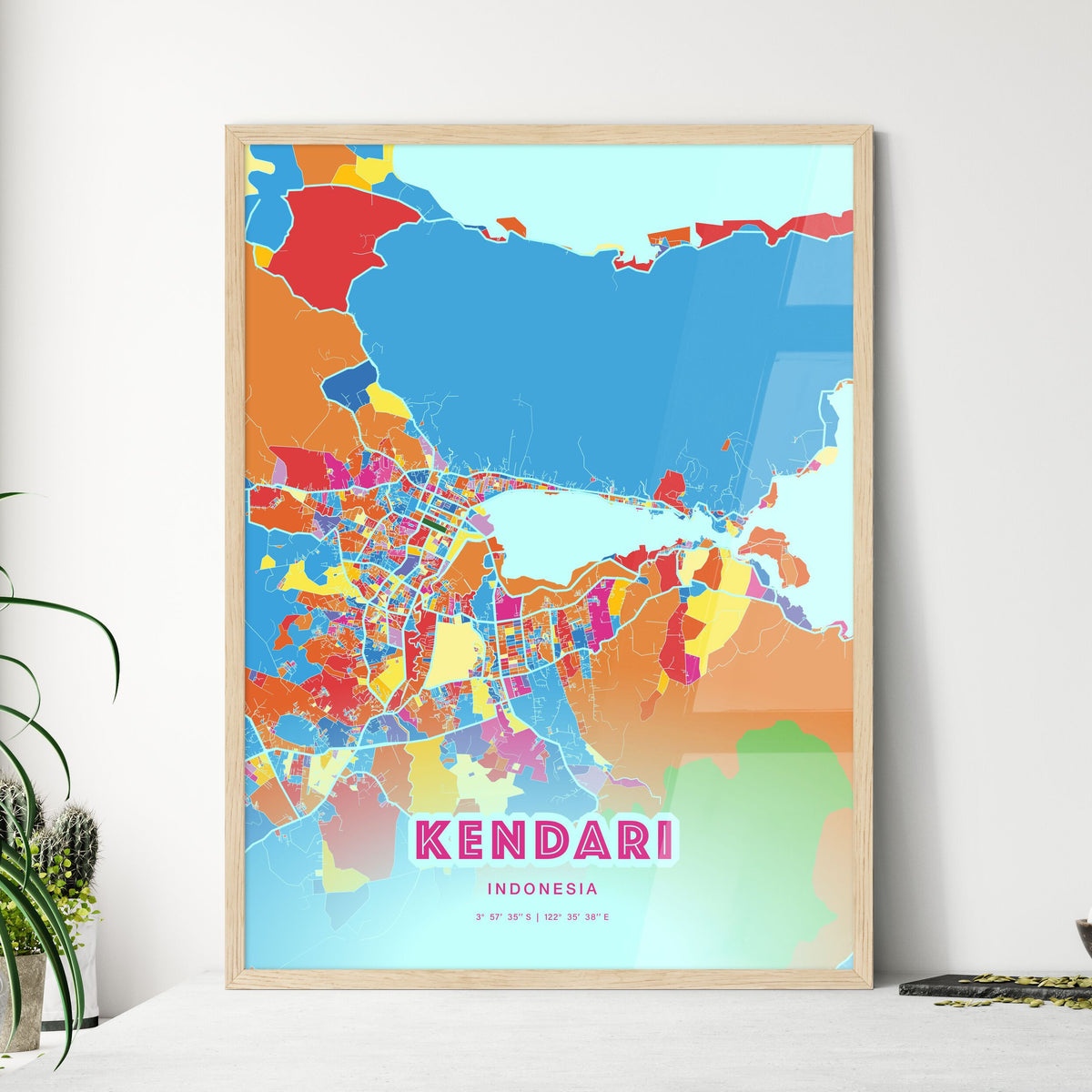 Colorful KENDARI INDONESIA Fine Art Map Crazy Colors