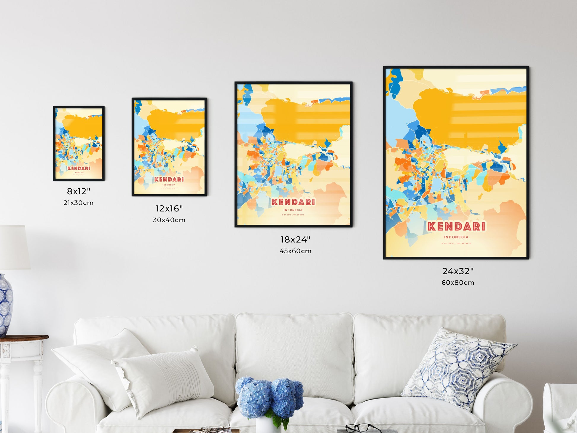 Colorful KENDARI INDONESIA Fine Art Map Blue Orange