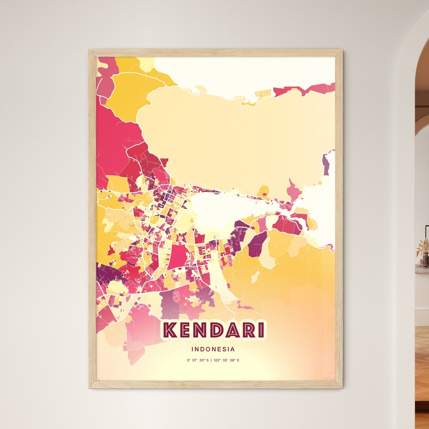 Colorful KENDARI INDONESIA Fine Art Map Hot Red