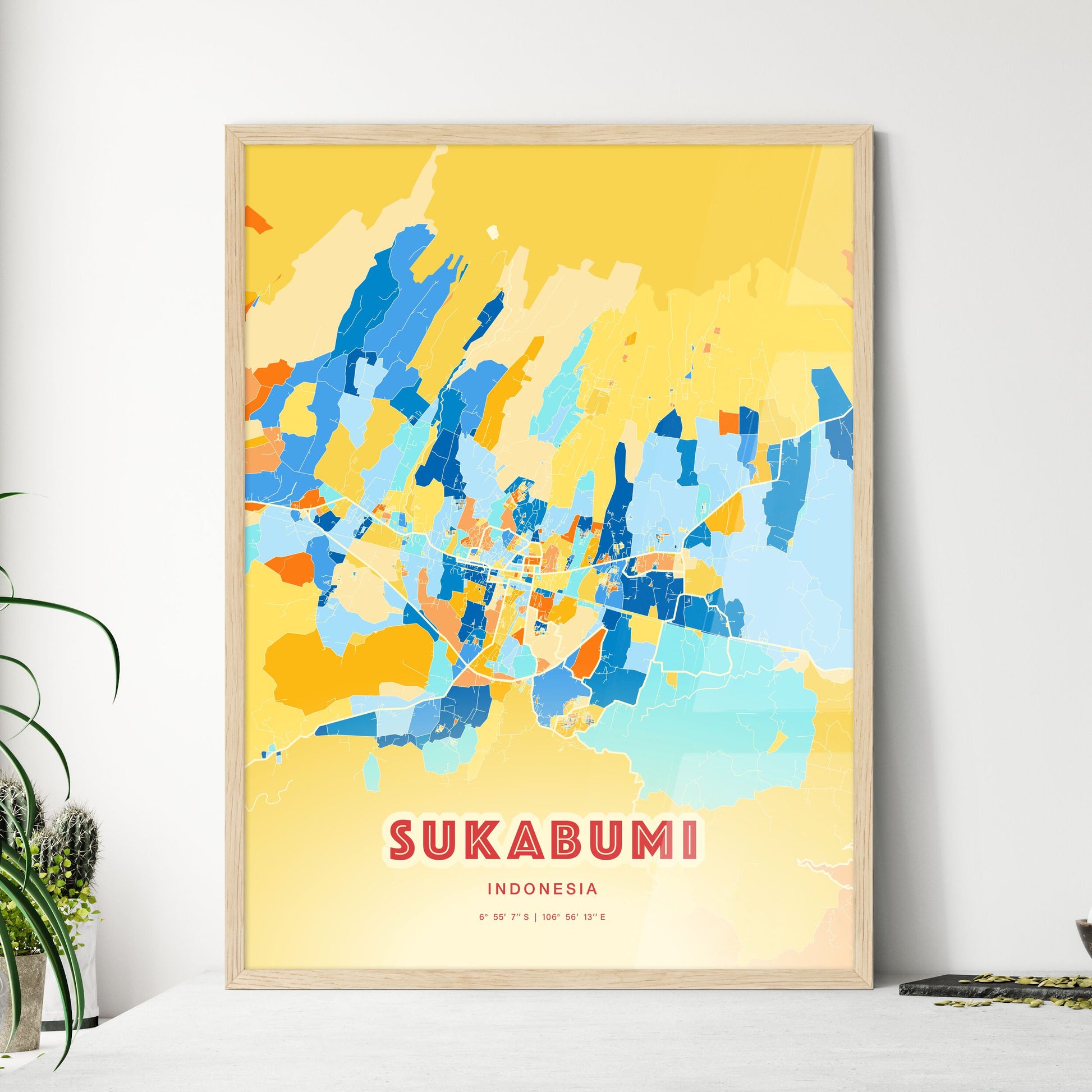 Colorful SUKABUMI INDONESIA Fine Art Map Blue Orange