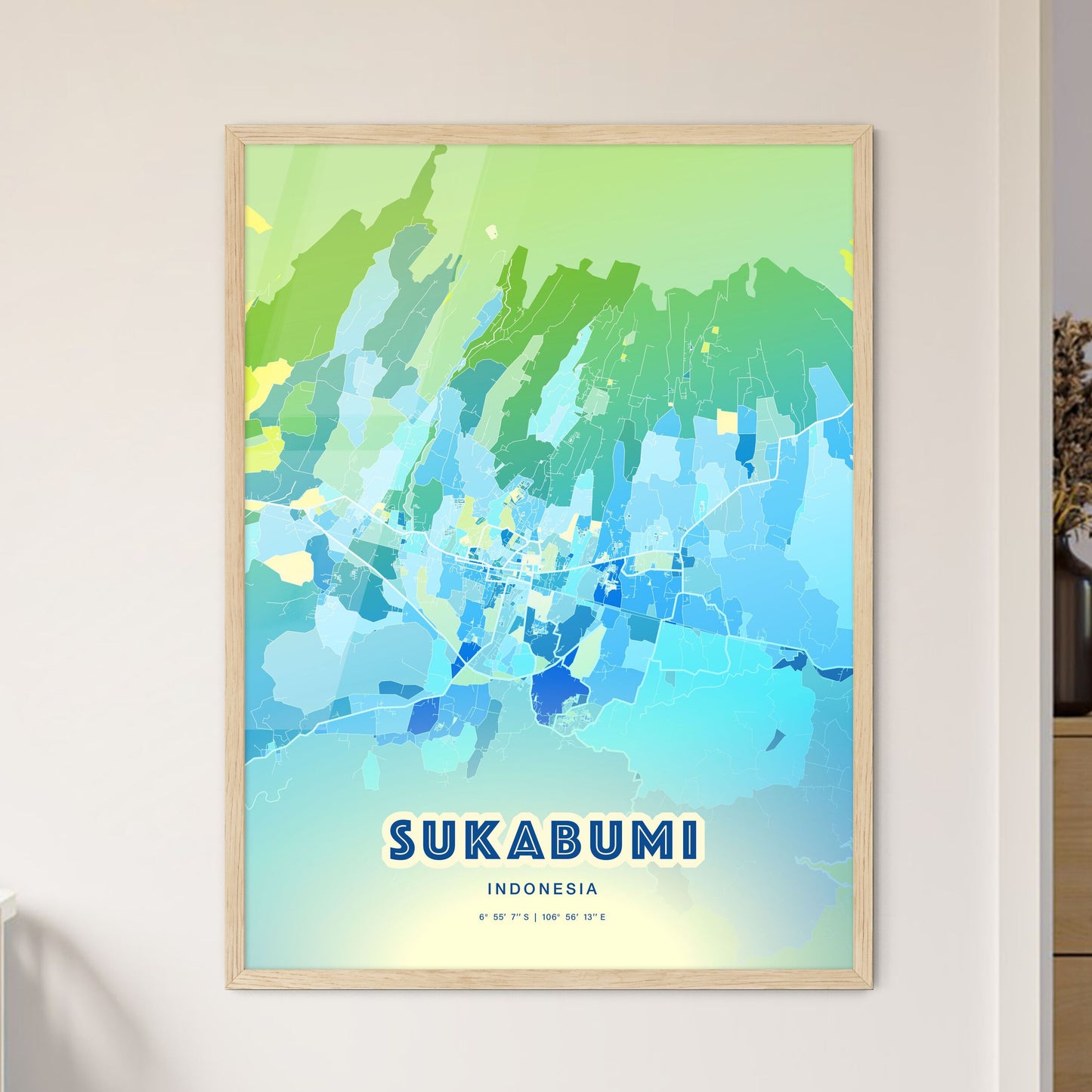 Colorful SUKABUMI INDONESIA Fine Art Map Cool Blue