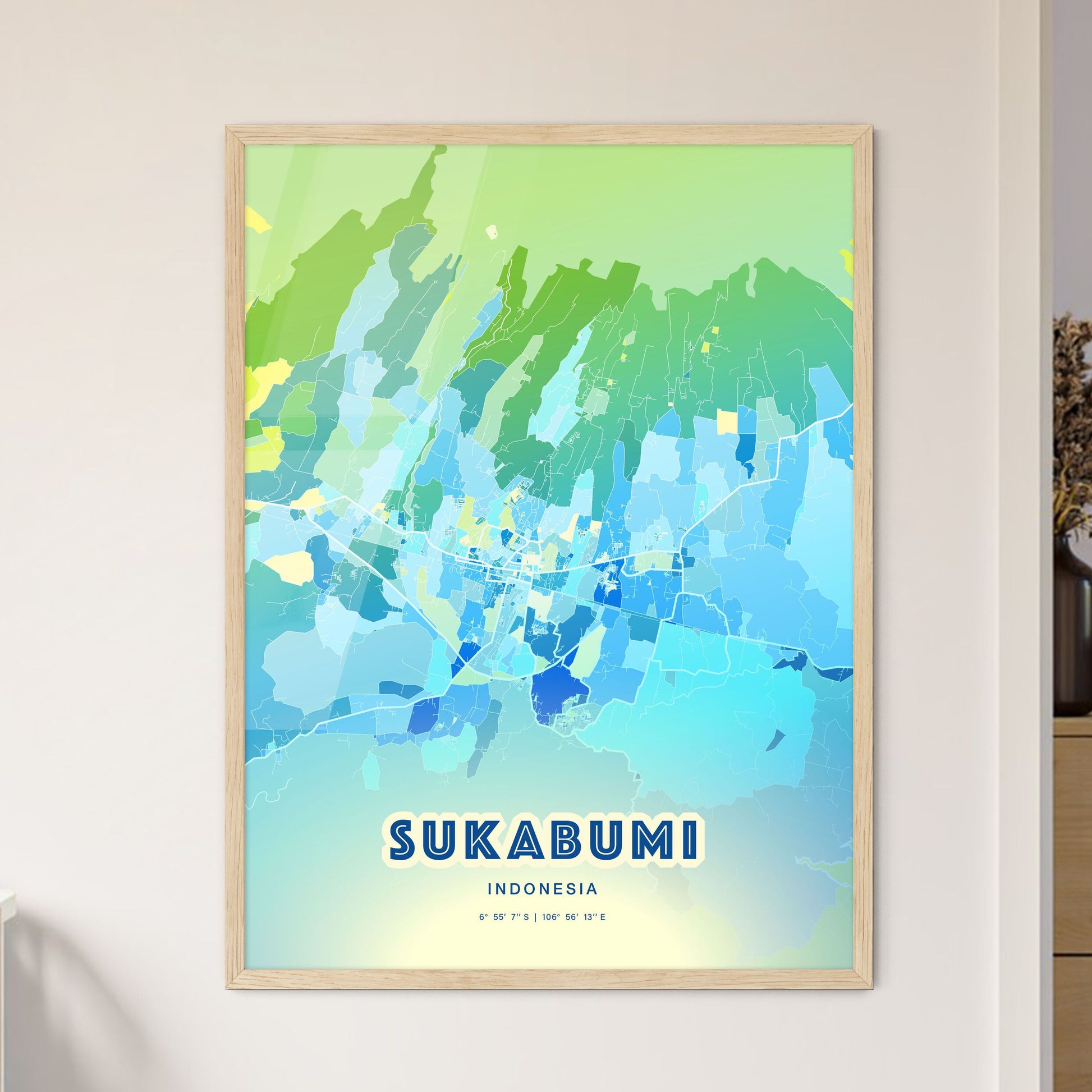 Colorful SUKABUMI INDONESIA Fine Art Map Cool Blue