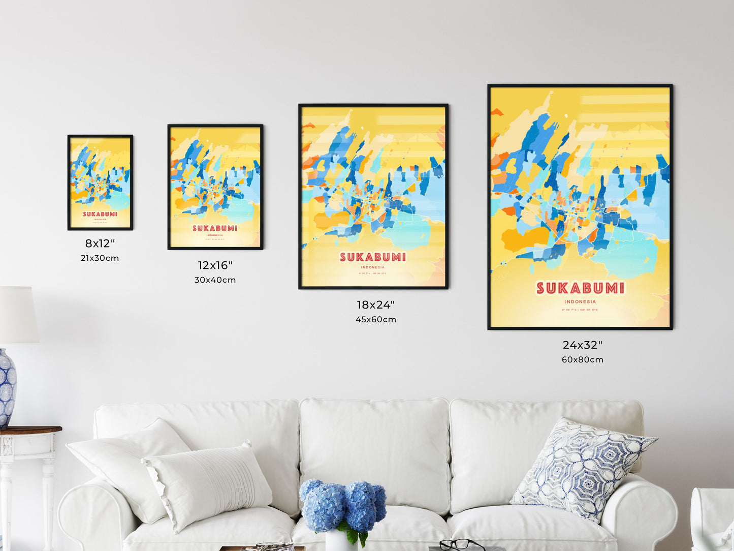 Colorful SUKABUMI INDONESIA Fine Art Map Blue Orange