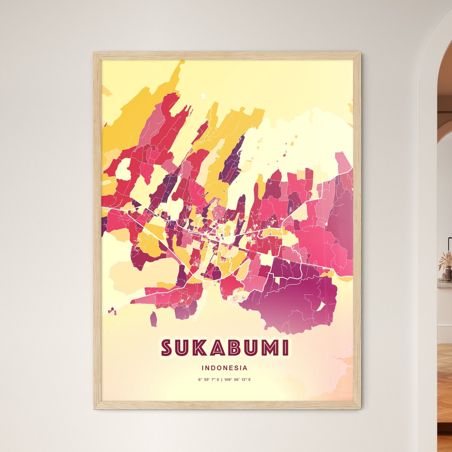 Colorful SUKABUMI INDONESIA Fine Art Map Hot Red