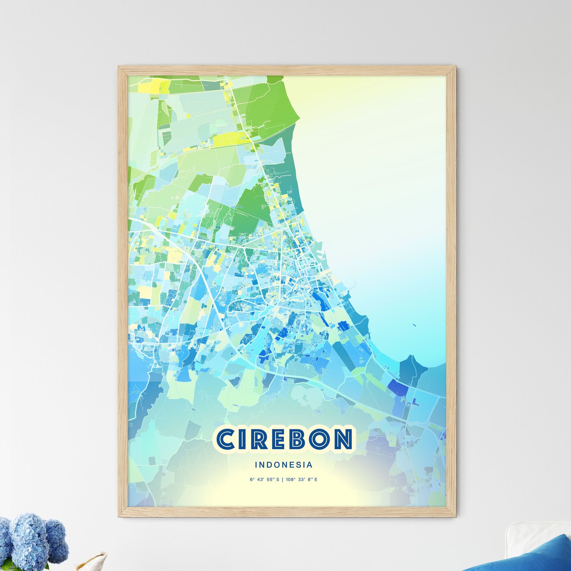 Colorful CIREBON INDONESIA Fine Art Map Cool Blue