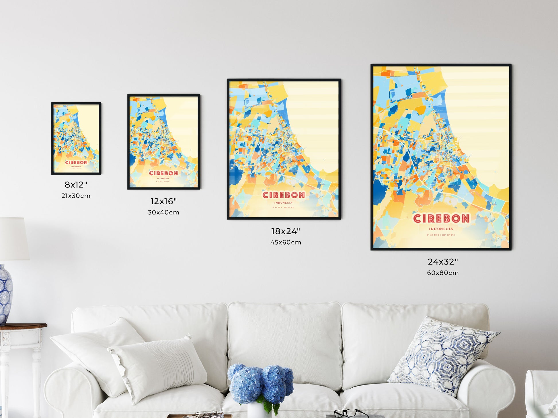 Colorful CIREBON INDONESIA Fine Art Map Blue Orange