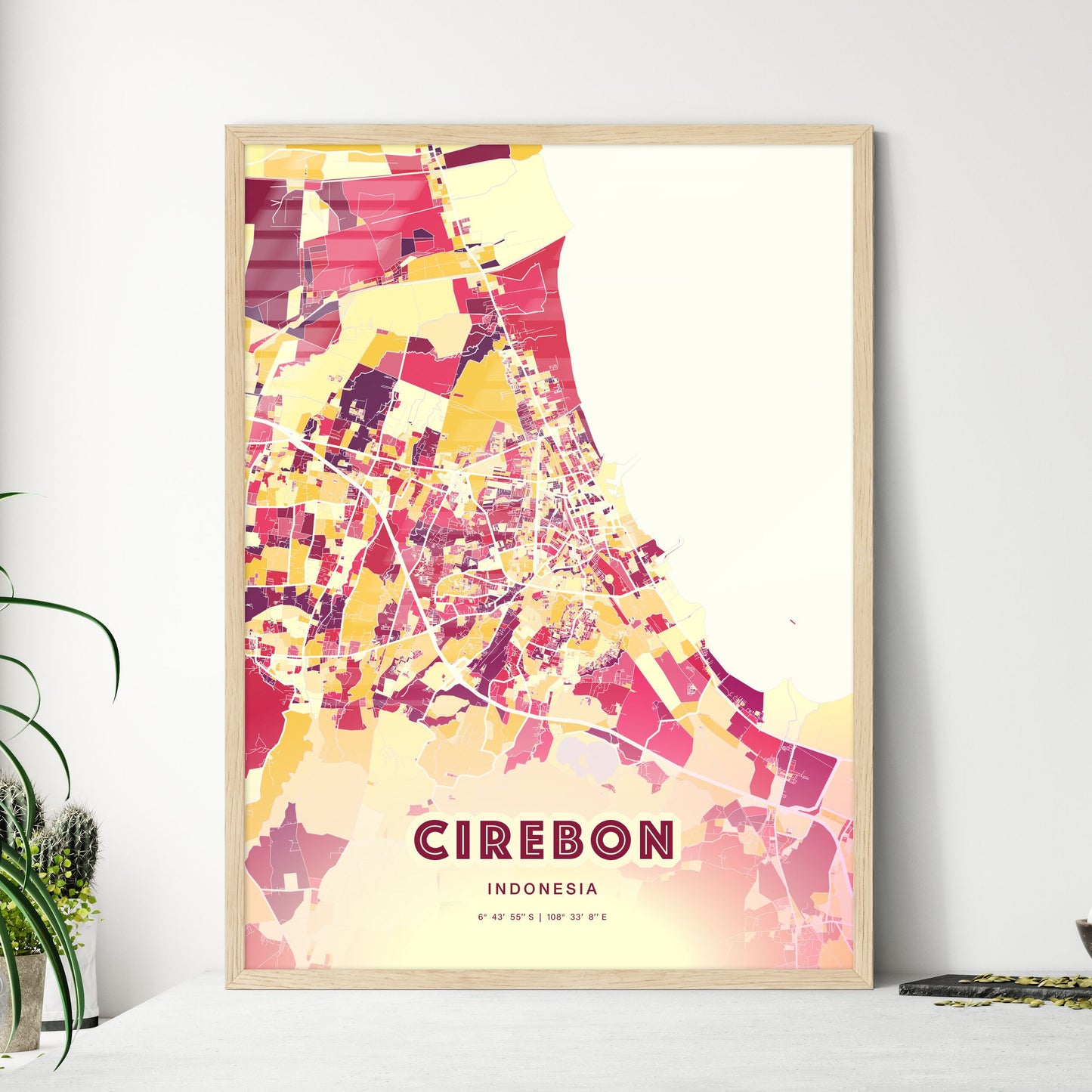 Colorful CIREBON INDONESIA Fine Art Map Hot Red