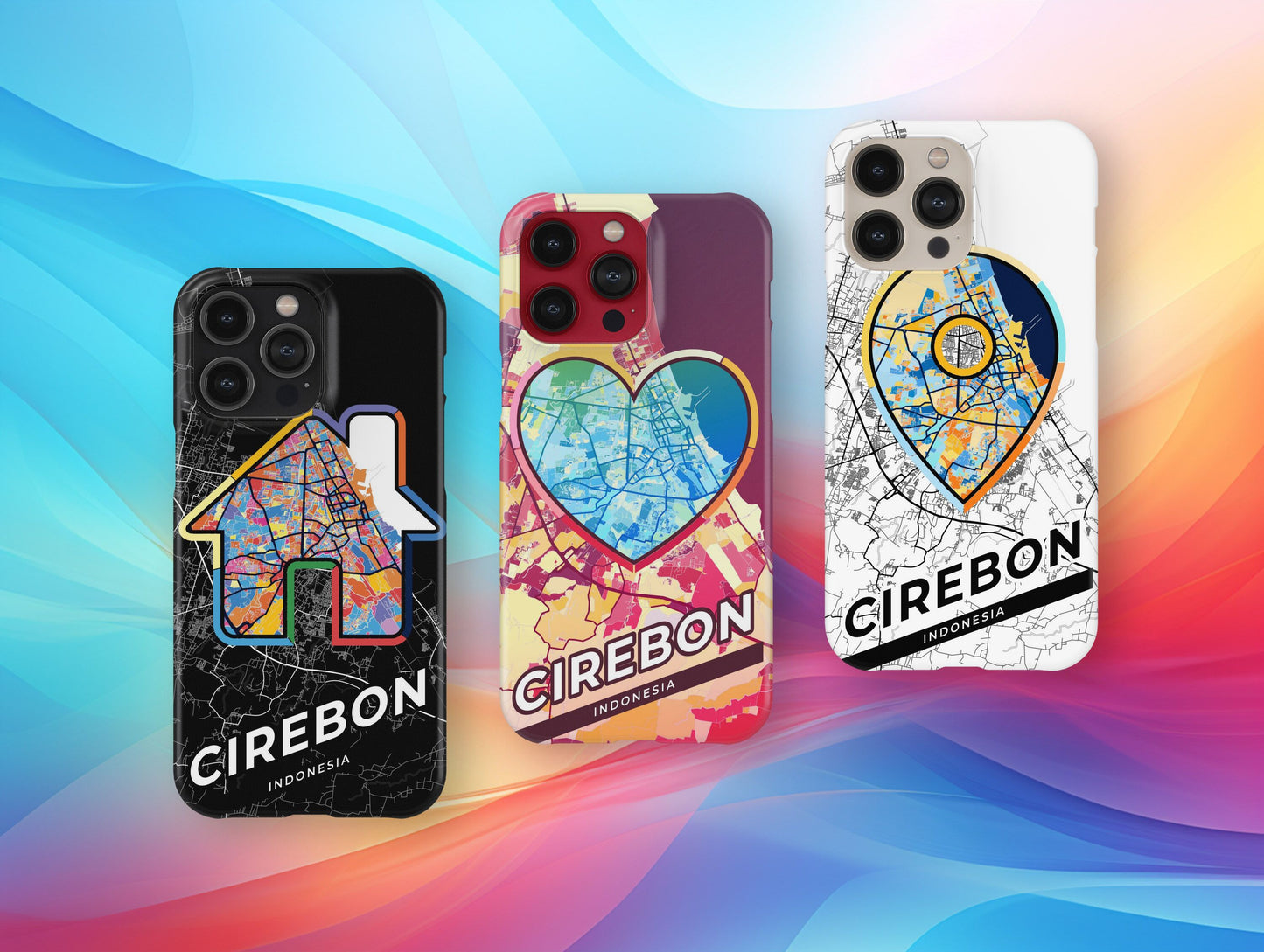 Cirebon Indonesia slim phone case with colorful icon. Birthday, wedding or housewarming gift. Couple match cases.