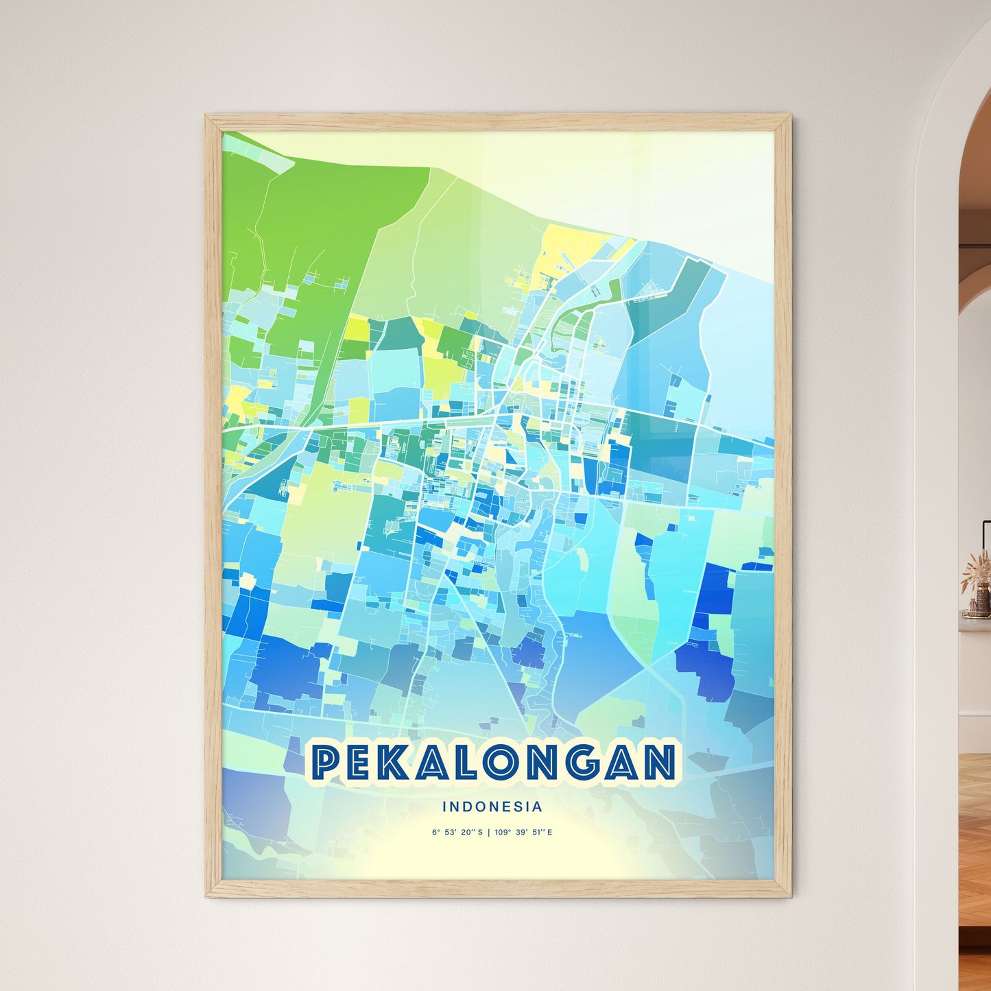 Colorful PEKALONGAN INDONESIA Fine Art Map Cool Blue