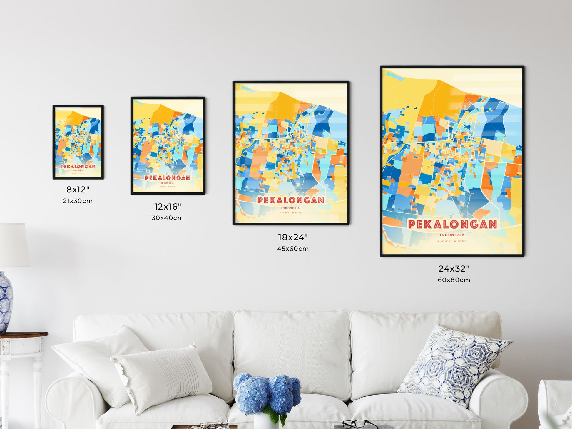 Colorful PEKALONGAN INDONESIA Fine Art Map Blue Orange