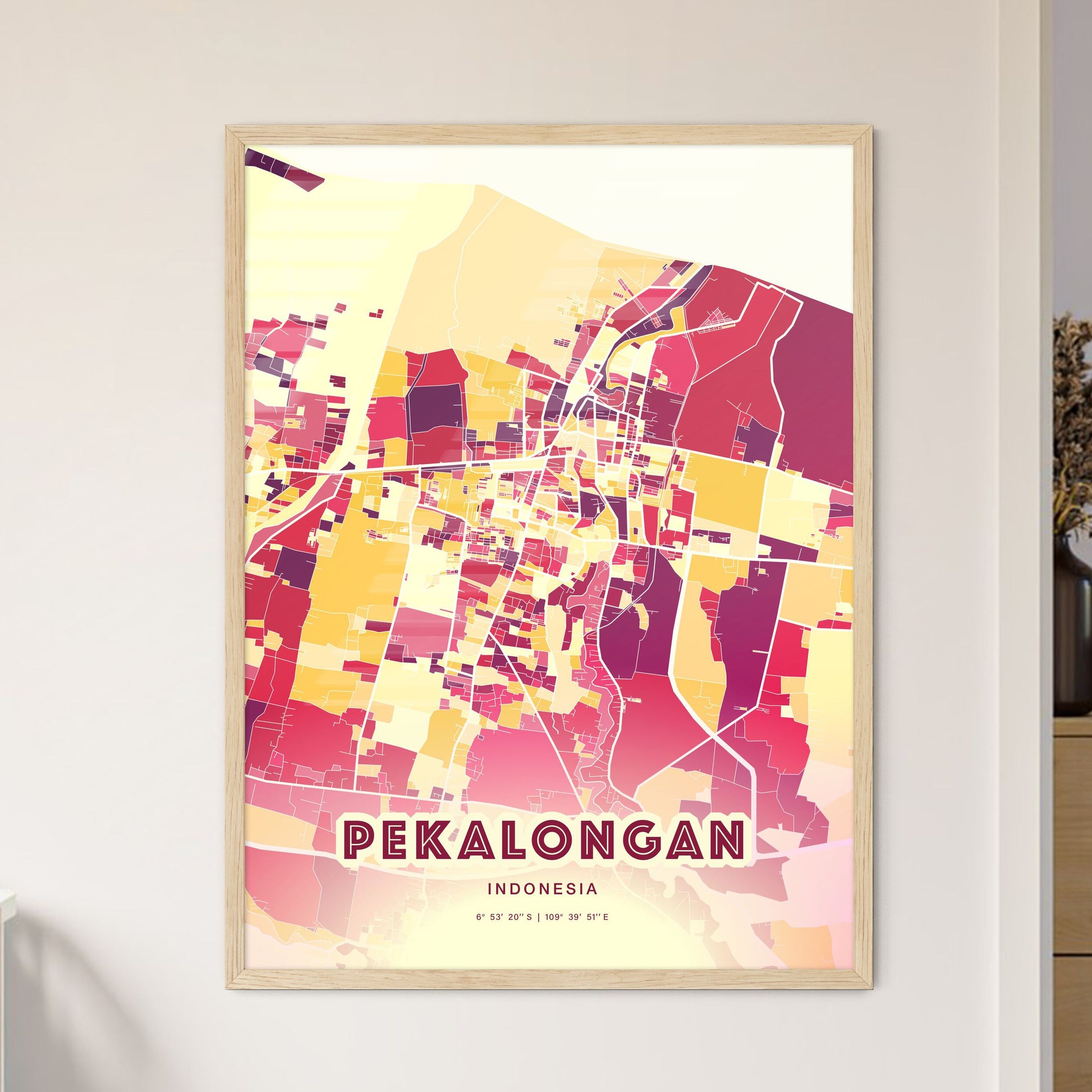 Colorful PEKALONGAN INDONESIA Fine Art Map Hot Red