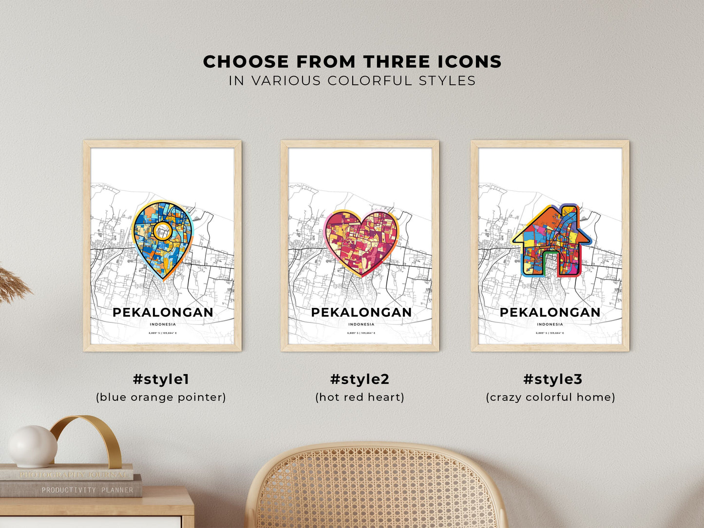 PEKALONGAN INDONESIA minimal art map with a colorful icon. Where it all began, Couple map gift.