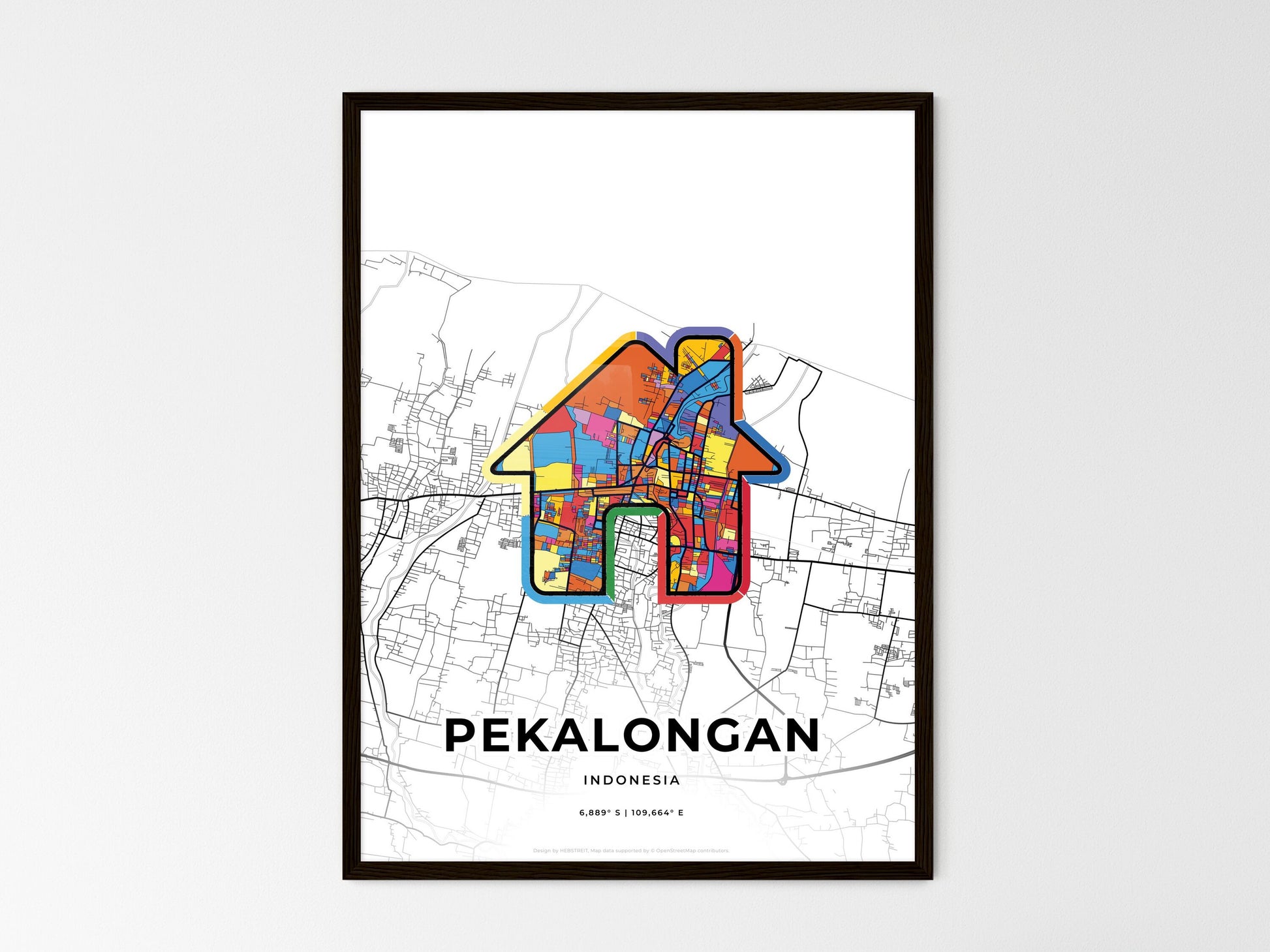 PEKALONGAN INDONESIA minimal art map with a colorful icon. Where it all began, Couple map gift. Style 3