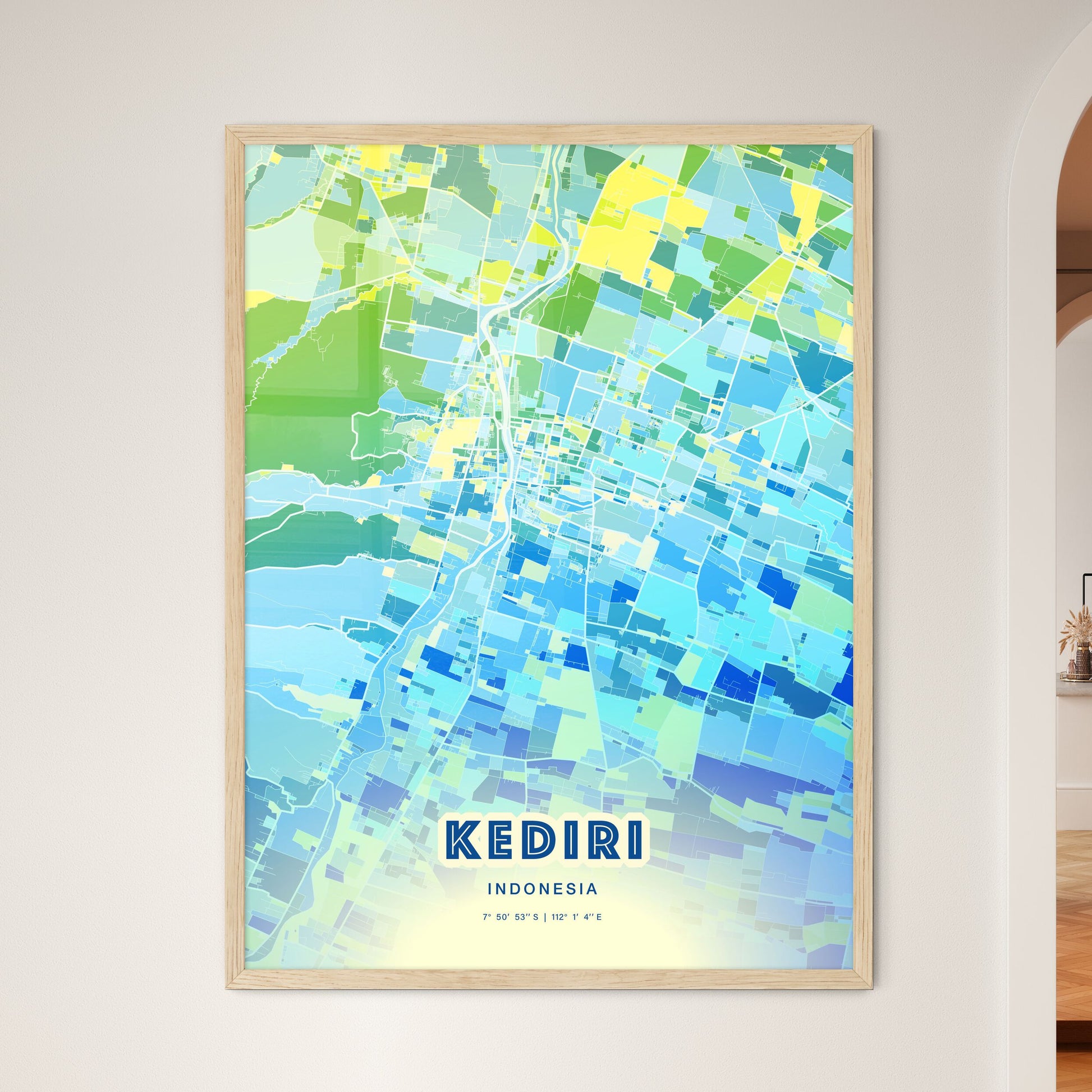 Colorful KEDIRI INDONESIA Fine Art Map Cool Blue