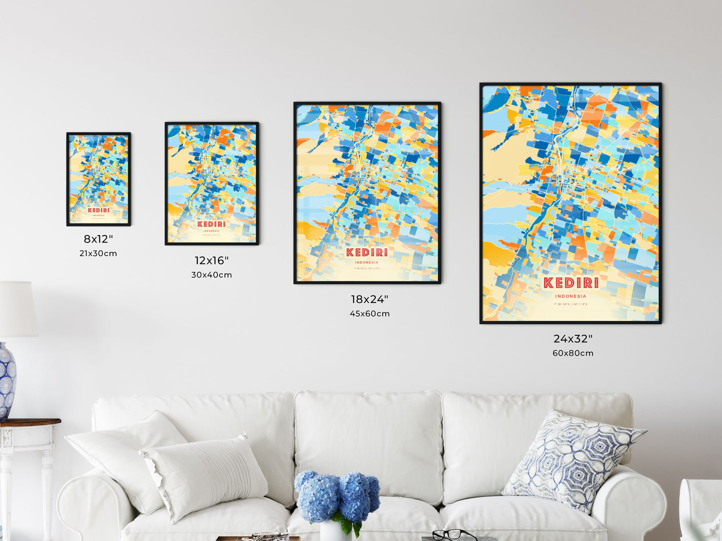 Colorful KEDIRI INDONESIA Fine Art Map Blue Orange