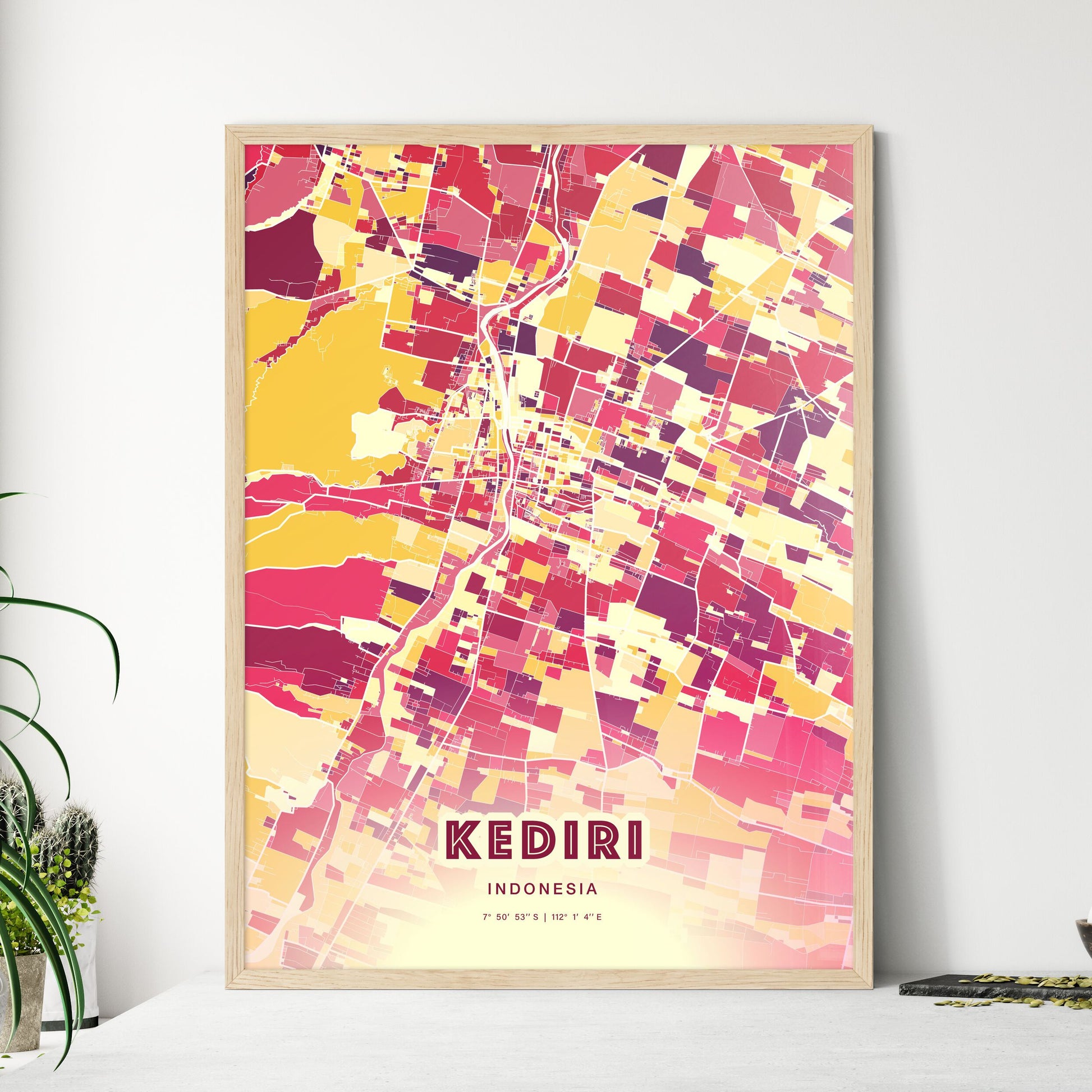 Colorful KEDIRI INDONESIA Fine Art Map Hot Red