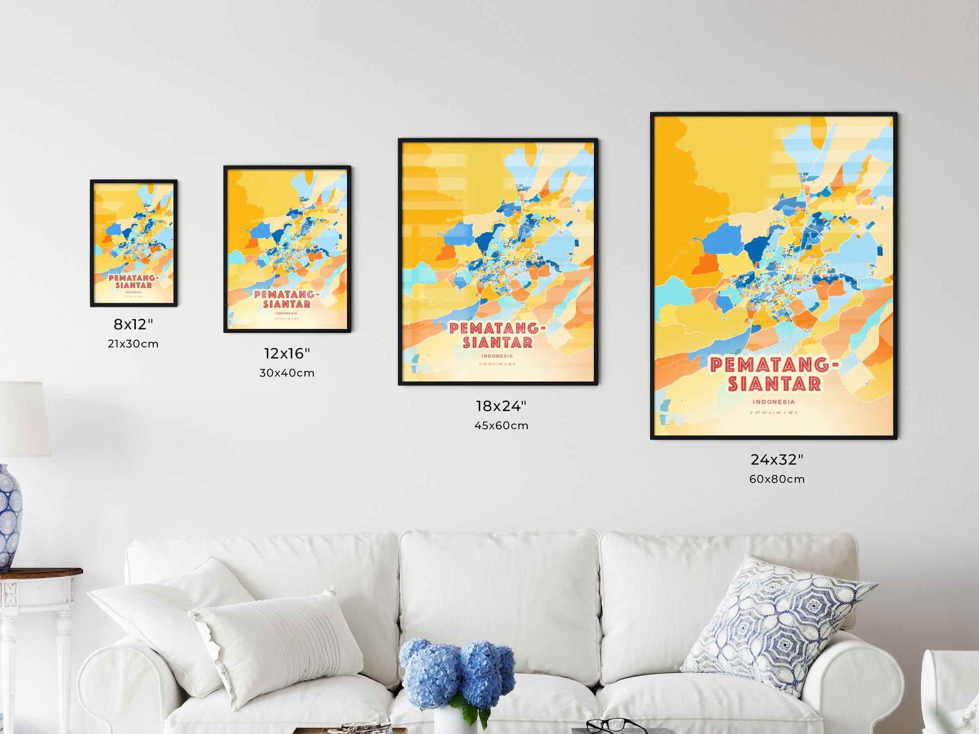 Colorful PEMATANGSIANTAR INDONESIA Fine Art Map Blue Orange