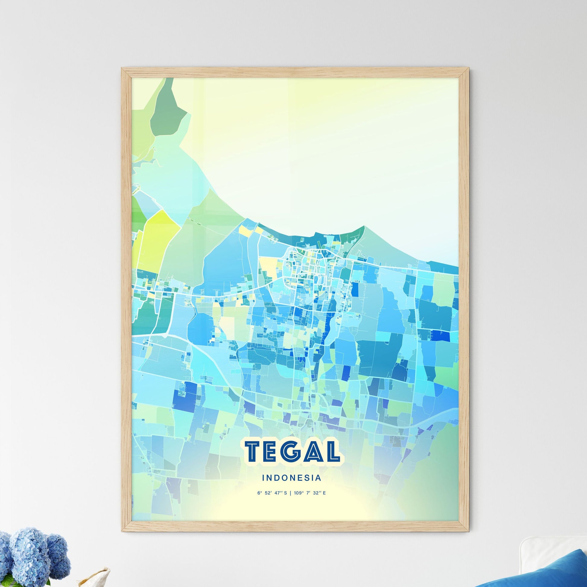 Colorful TEGAL INDONESIA Fine Art Map Cool Blue