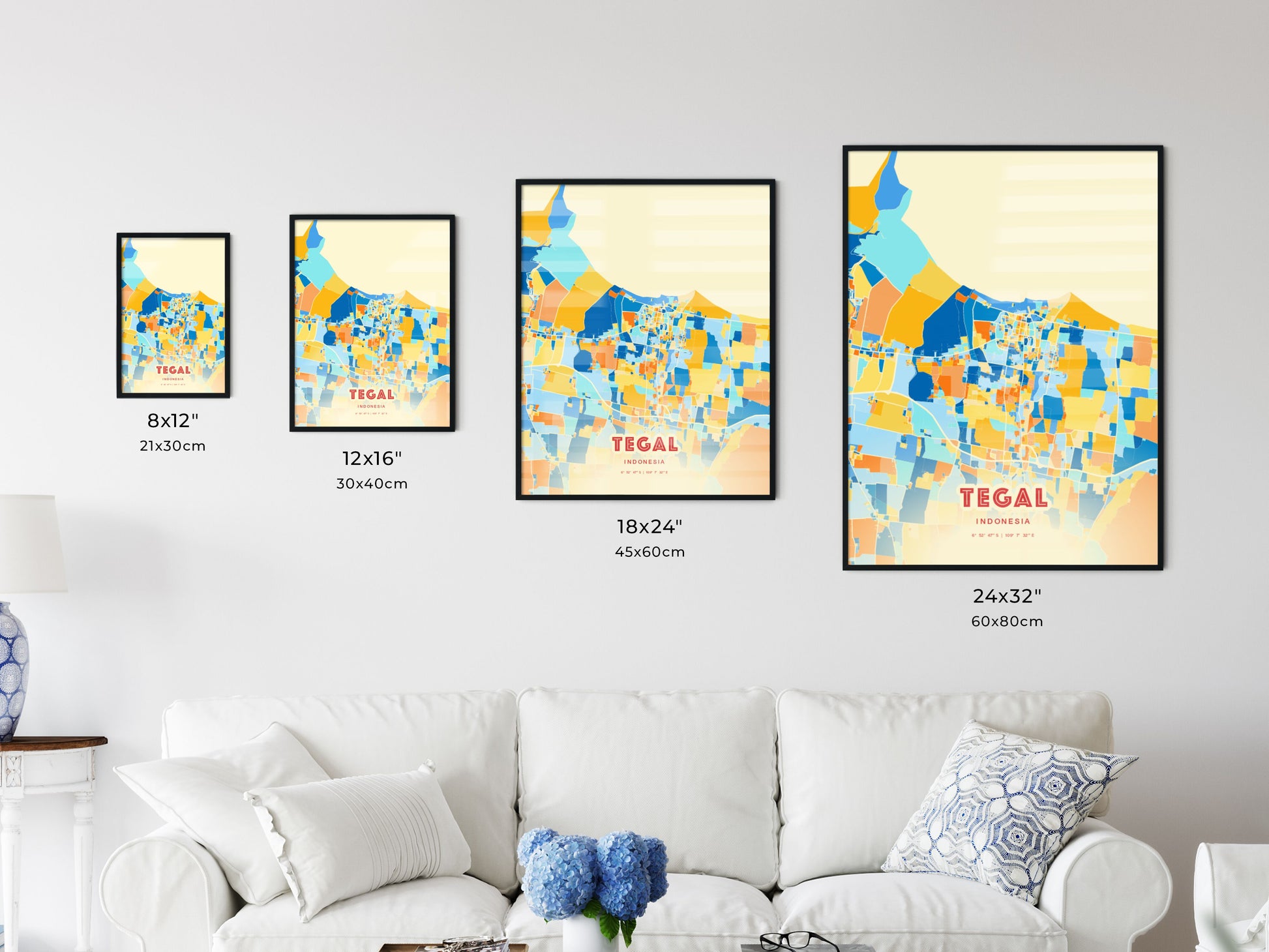 Colorful TEGAL INDONESIA Fine Art Map Blue Orange