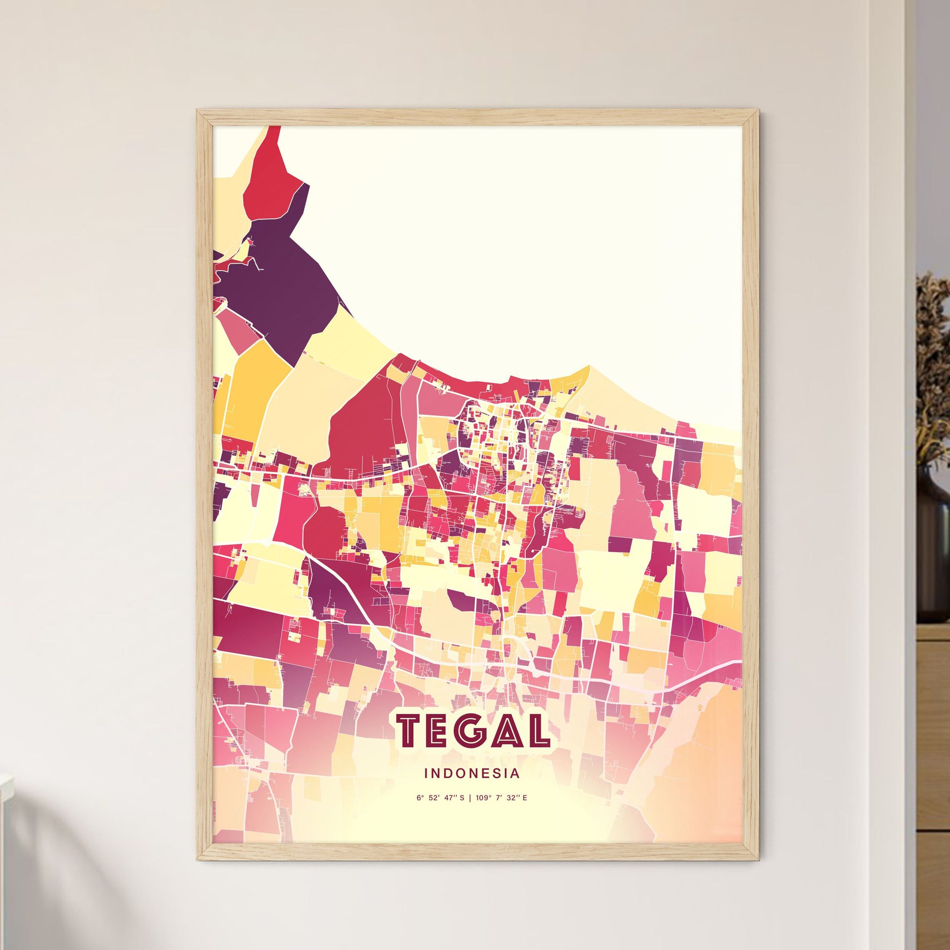 Colorful TEGAL INDONESIA Fine Art Map Hot Red