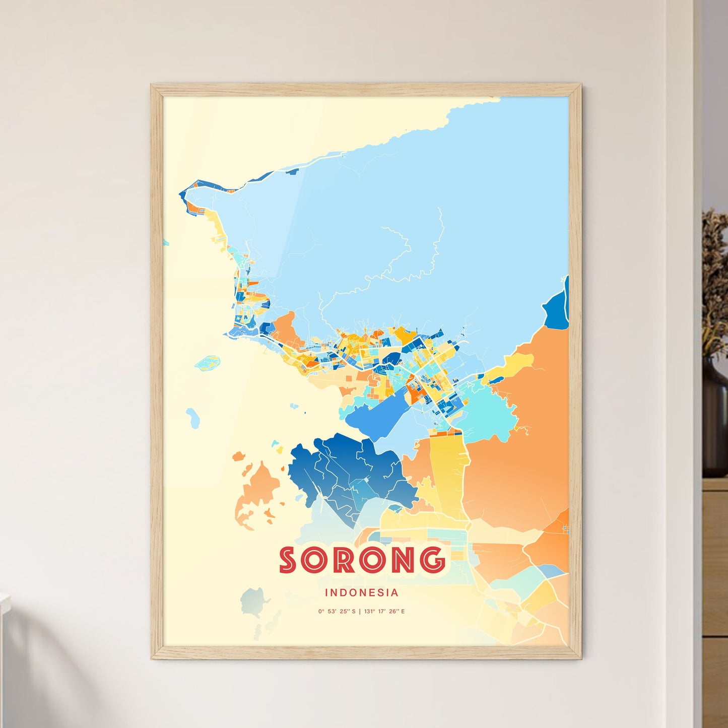 Colorful SORONG INDONESIA Fine Art Map Blue Orange