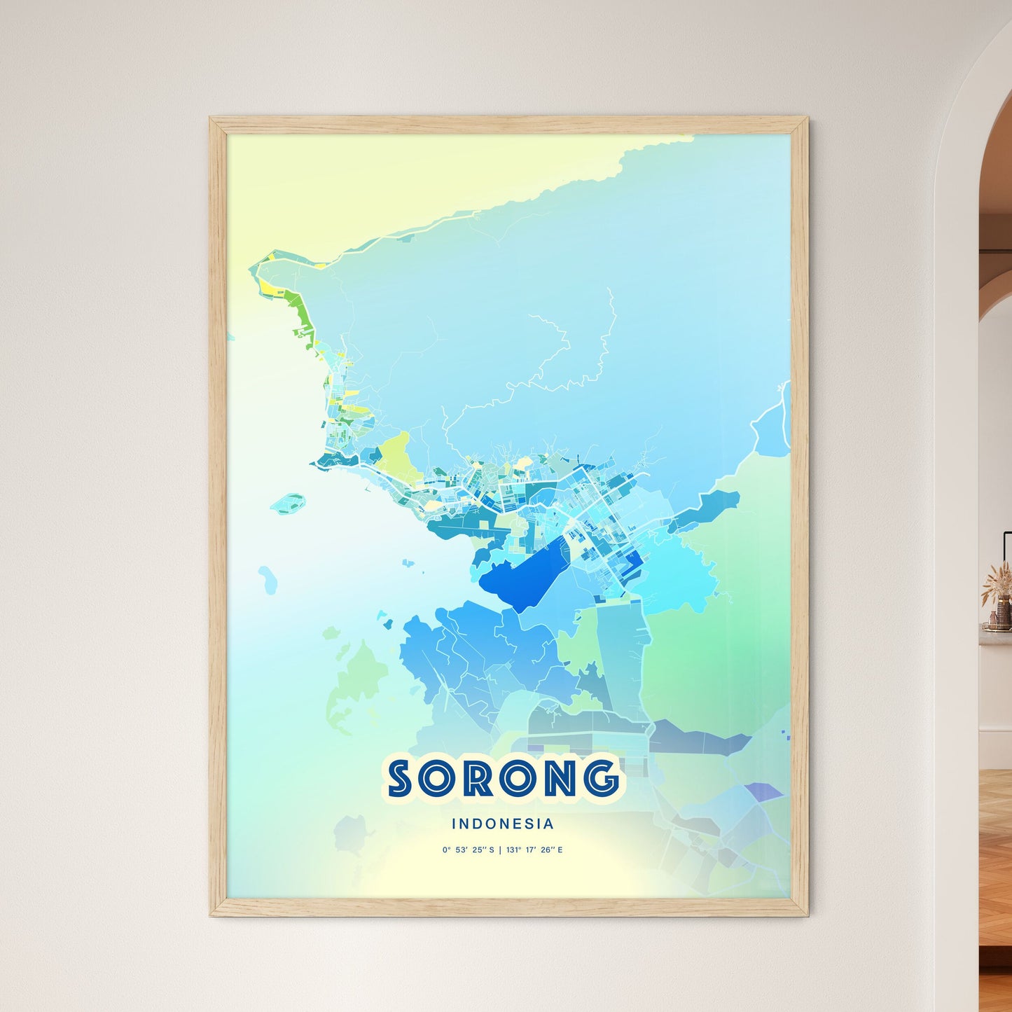 Colorful SORONG INDONESIA Fine Art Map Cool Blue