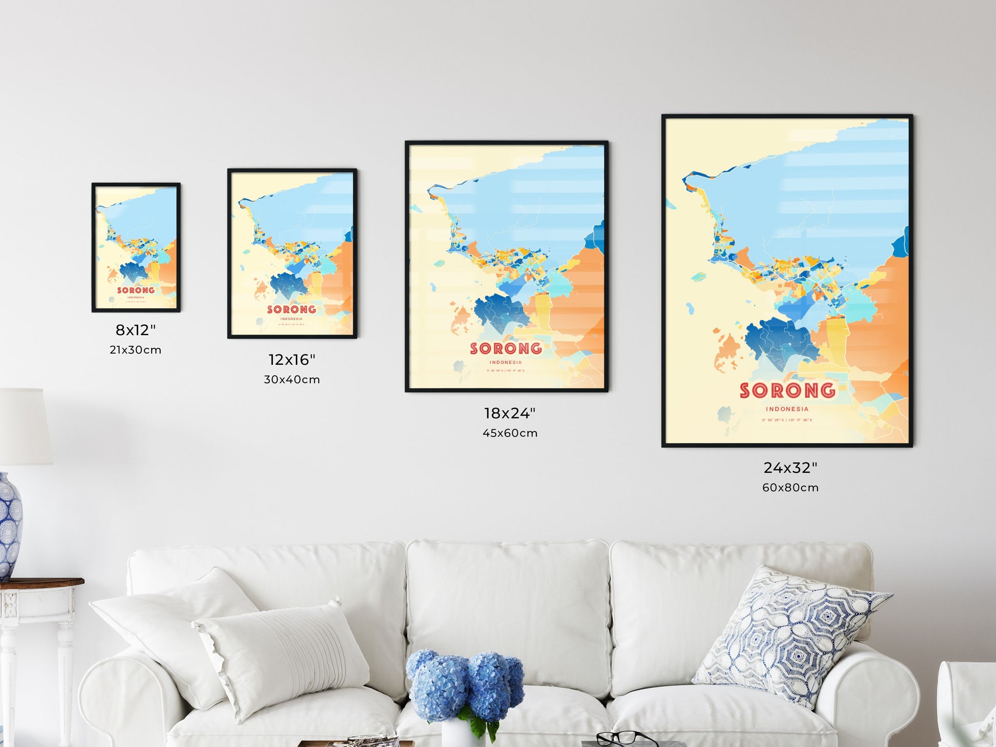 Colorful SORONG INDONESIA Fine Art Map Blue Orange