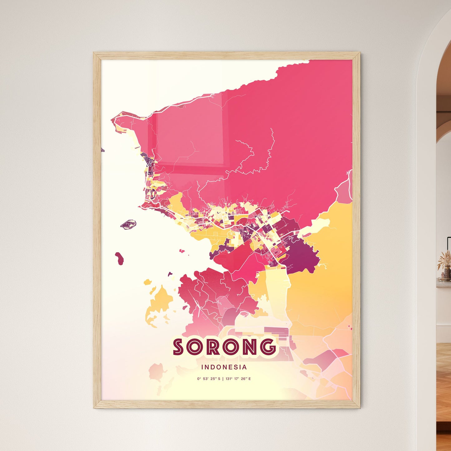 Colorful SORONG INDONESIA Fine Art Map Hot Red