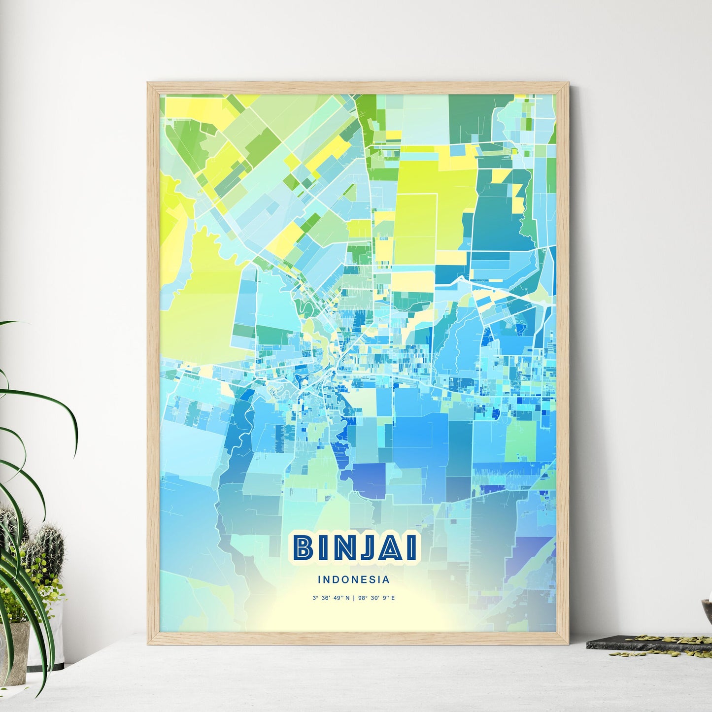 Colorful BINJAI INDONESIA Fine Art Map Cool Blue