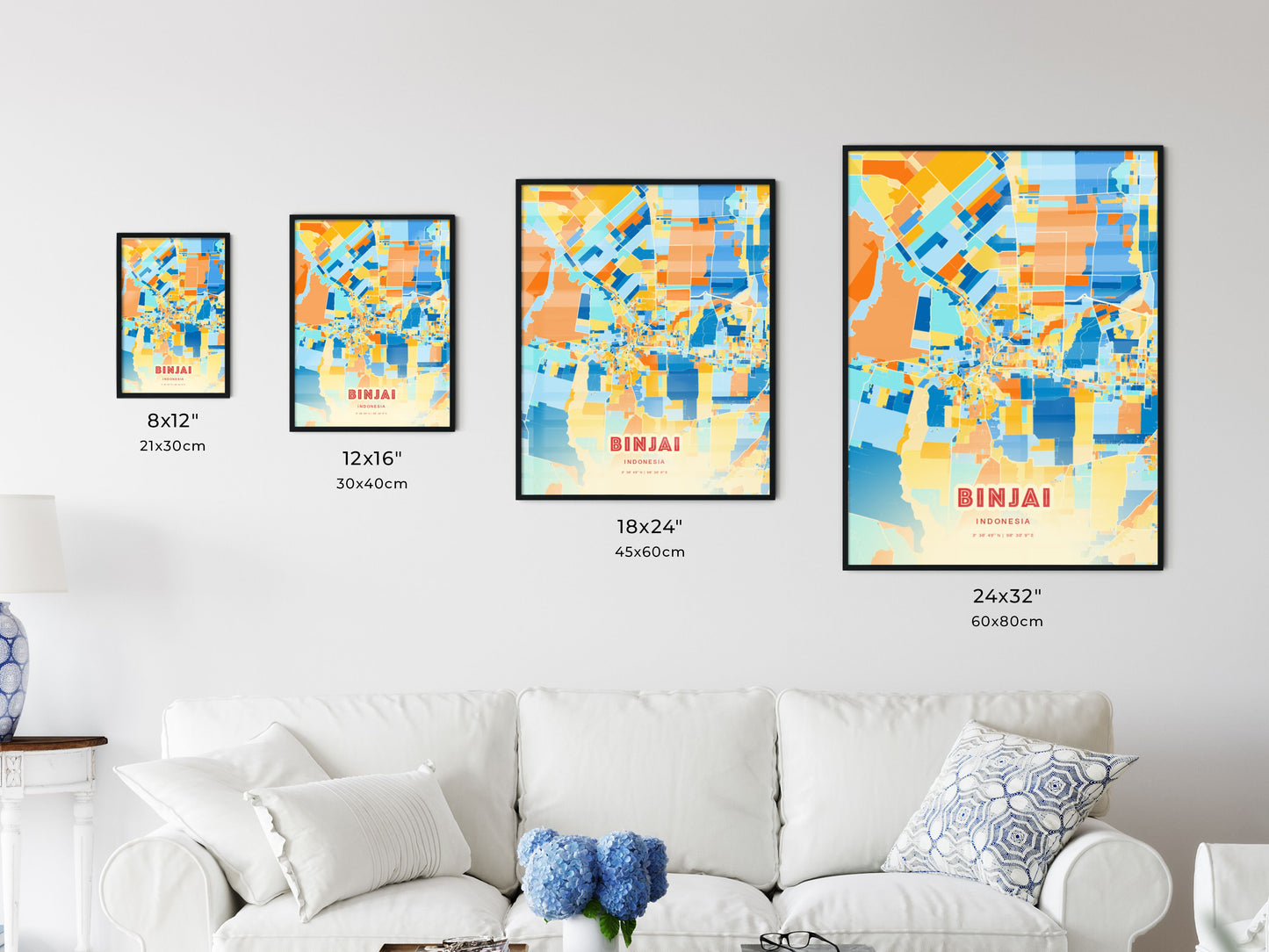 Colorful BINJAI INDONESIA Fine Art Map Blue Orange