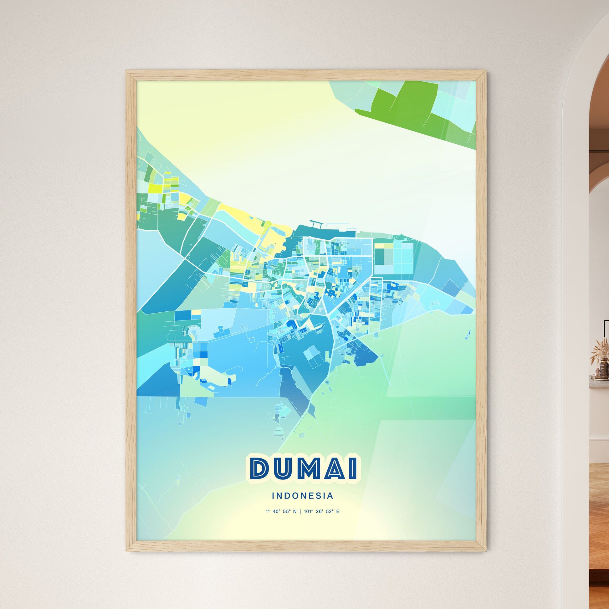 Colorful DUMAI INDONESIA Fine Art Map Cool Blue