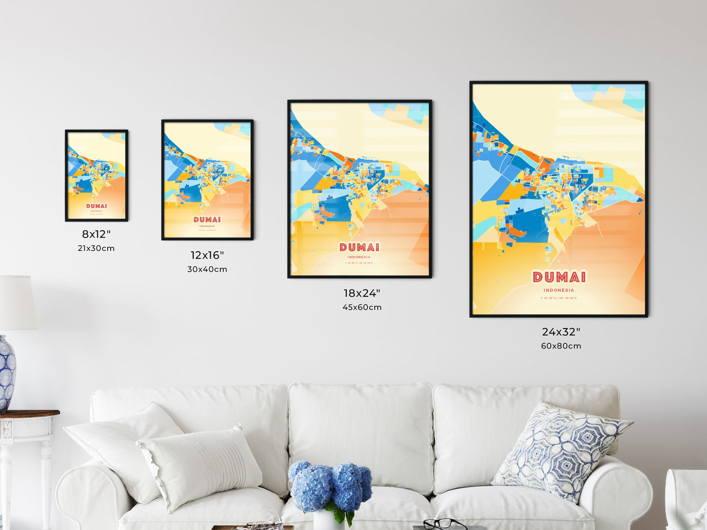 Colorful DUMAI INDONESIA Fine Art Map Blue Orange