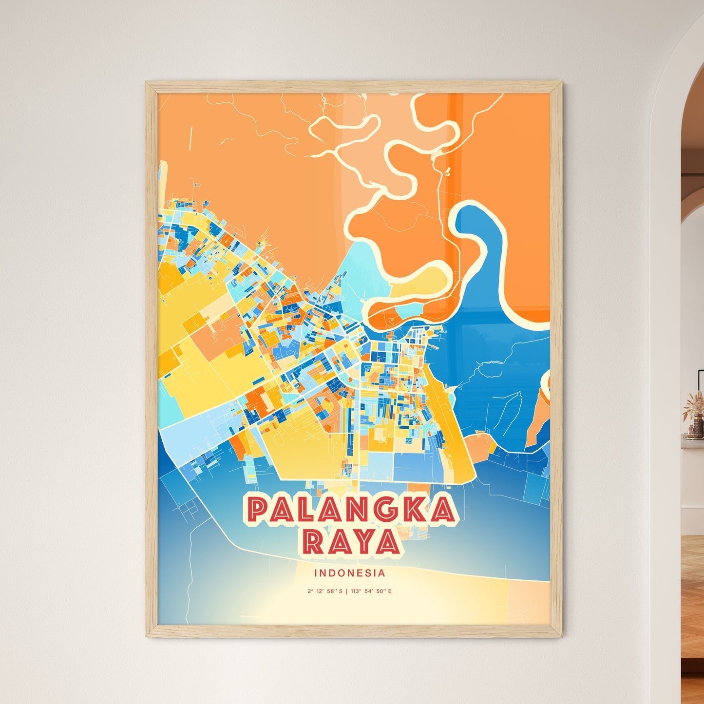 Colorful PALANGKA RAYA INDONESIA Fine Art Map Blue Orange