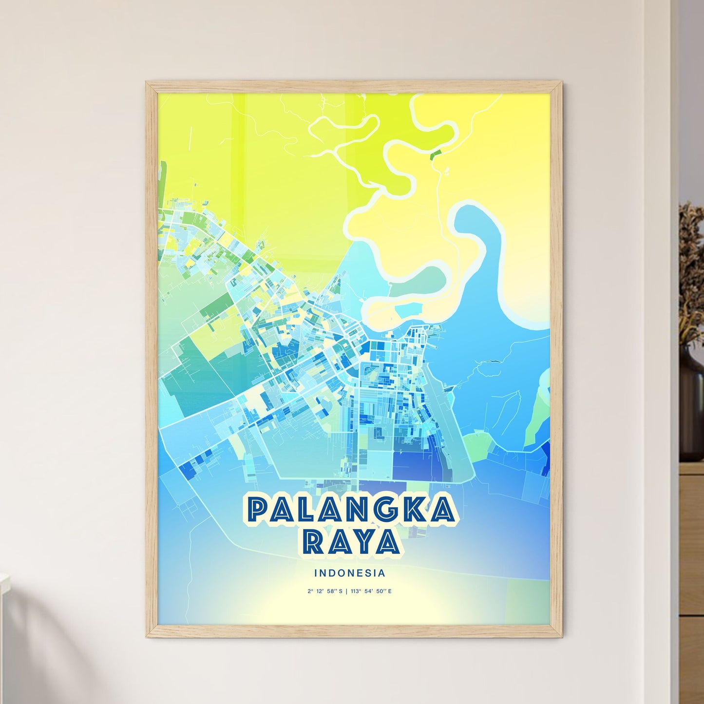 Colorful PALANGKA RAYA INDONESIA Fine Art Map Cool Blue