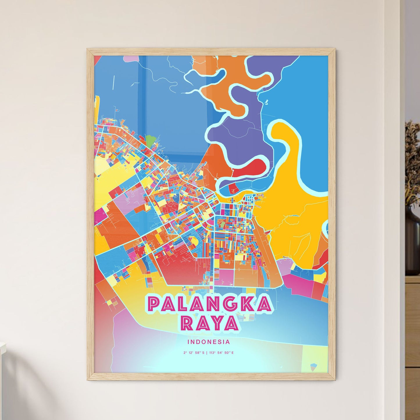 Colorful PALANGKA RAYA INDONESIA Fine Art Map Crazy Colors
