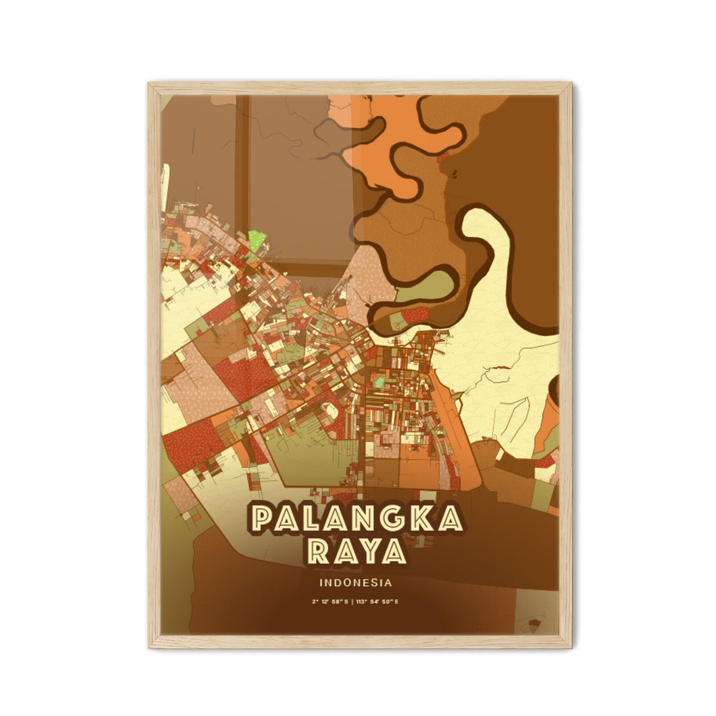 Colorful PALANGKA RAYA INDONESIA Fine Art Map Farmhouse