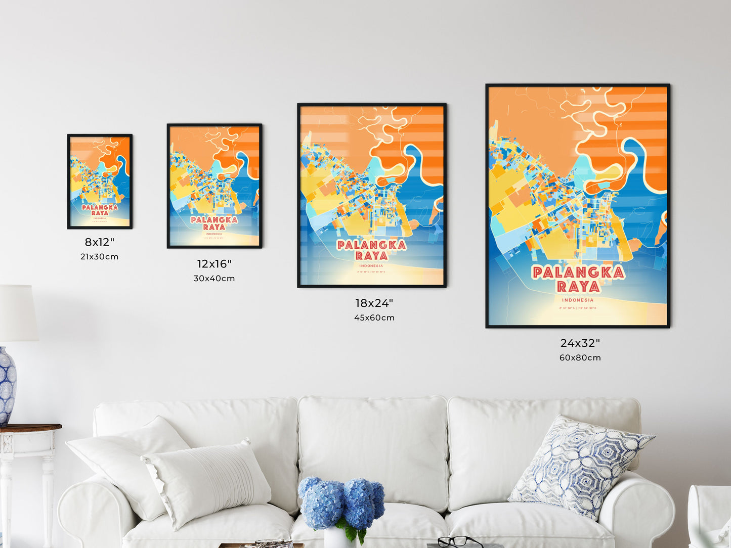 Colorful PALANGKA RAYA INDONESIA Fine Art Map Blue Orange