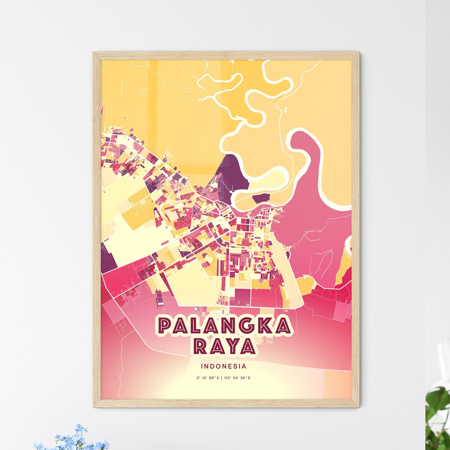 Colorful PALANGKA RAYA INDONESIA Fine Art Map Hot Red