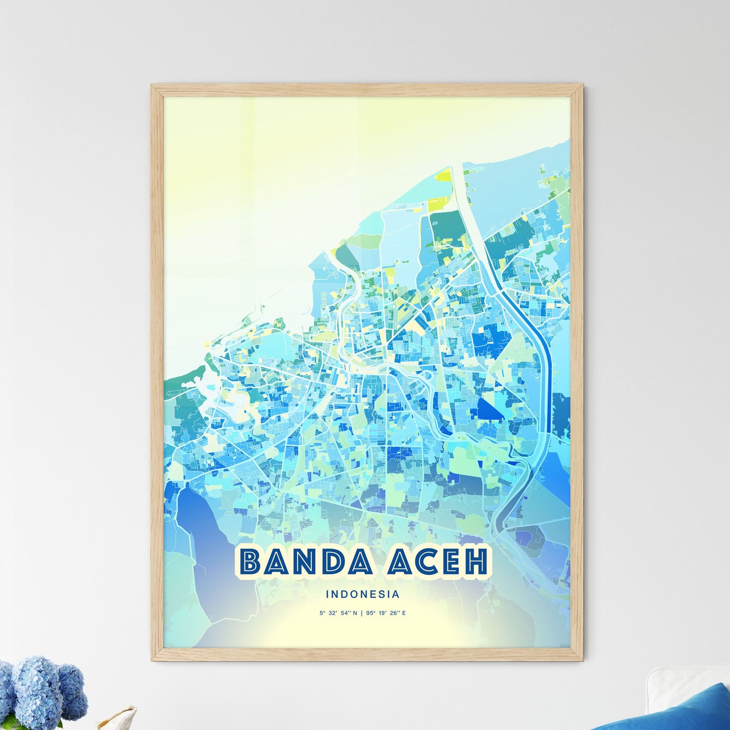 Colorful BANDA ACEH INDONESIA Fine Art Map Cool Blue