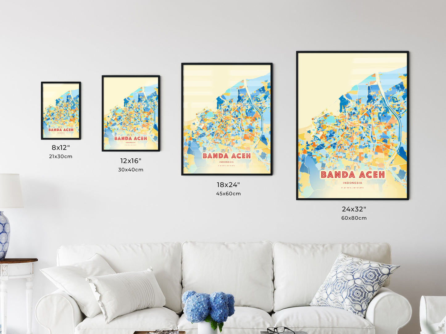 Colorful BANDA ACEH INDONESIA Fine Art Map Blue Orange