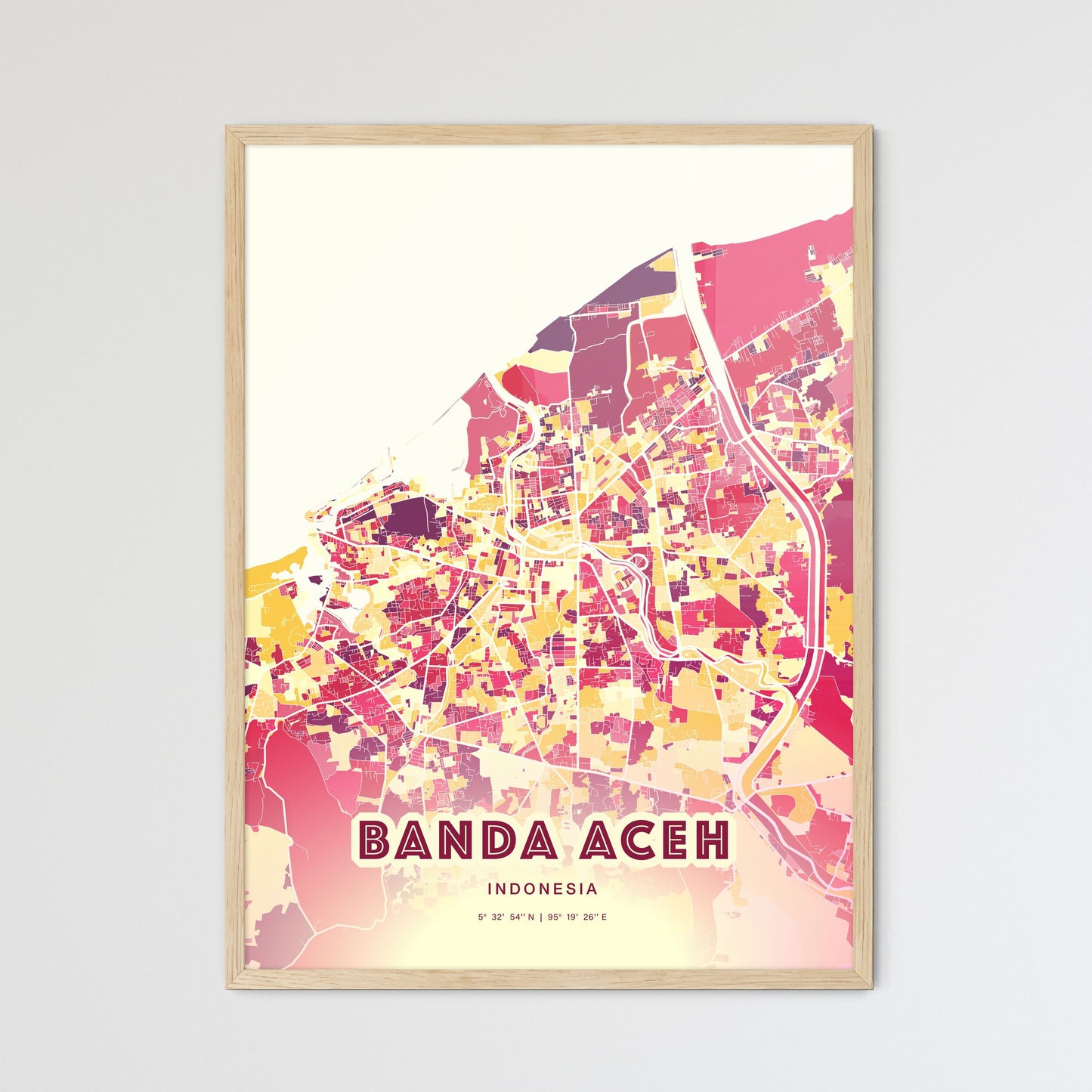 Colorful BANDA ACEH INDONESIA Fine Art Map Hot Red