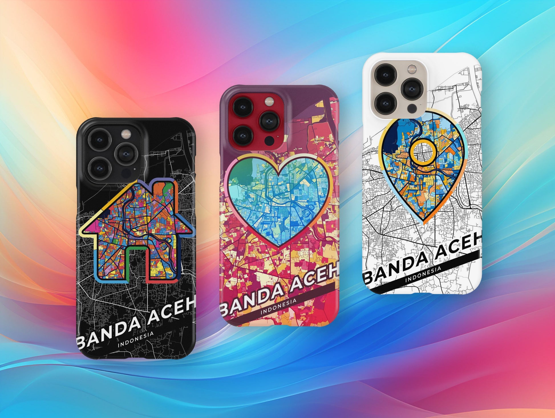 Banda Aceh Indonesia slim phone case with colorful icon. Birthday, wedding or housewarming gift. Couple match cases.