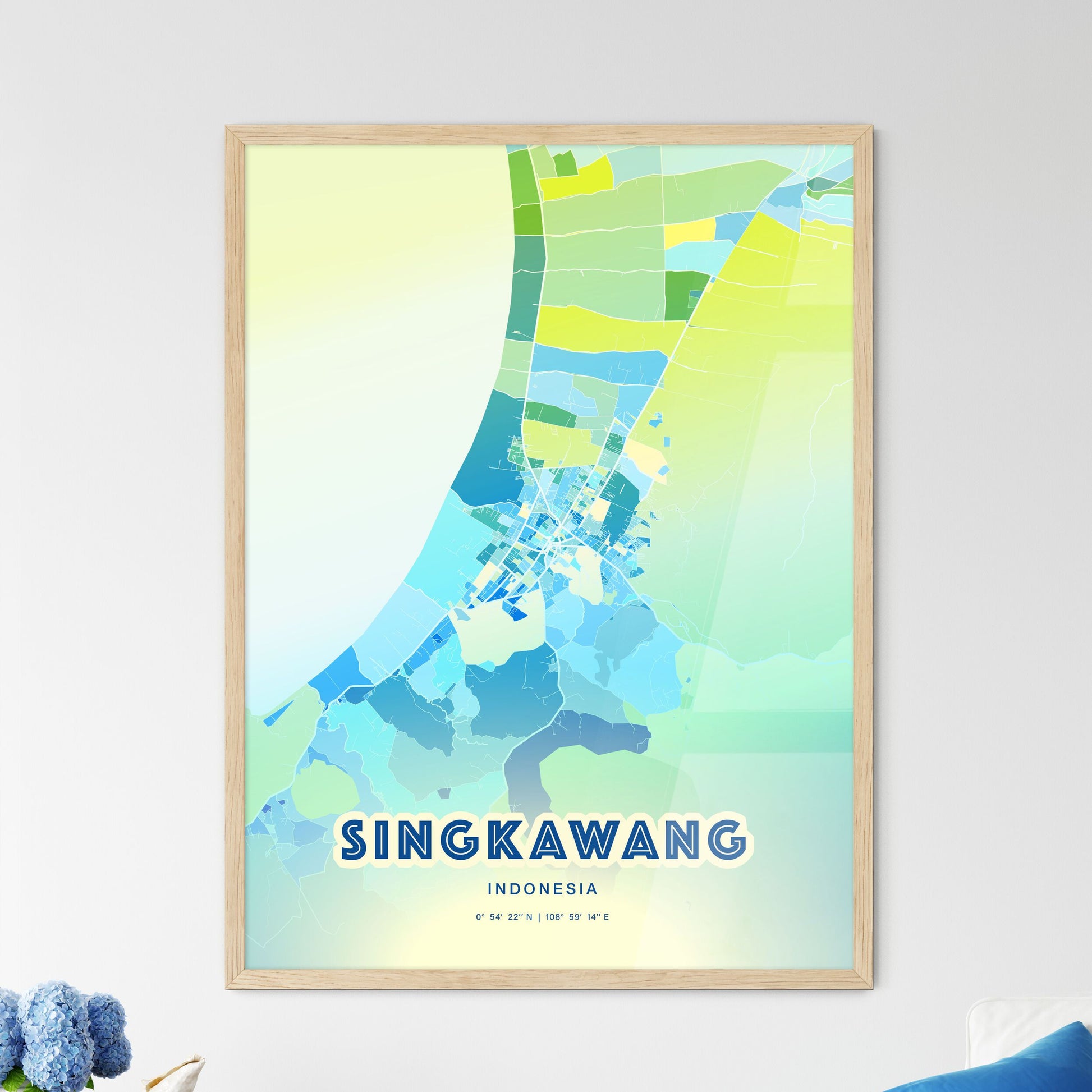 Colorful SINGKAWANG INDONESIA Fine Art Map Cool Blue