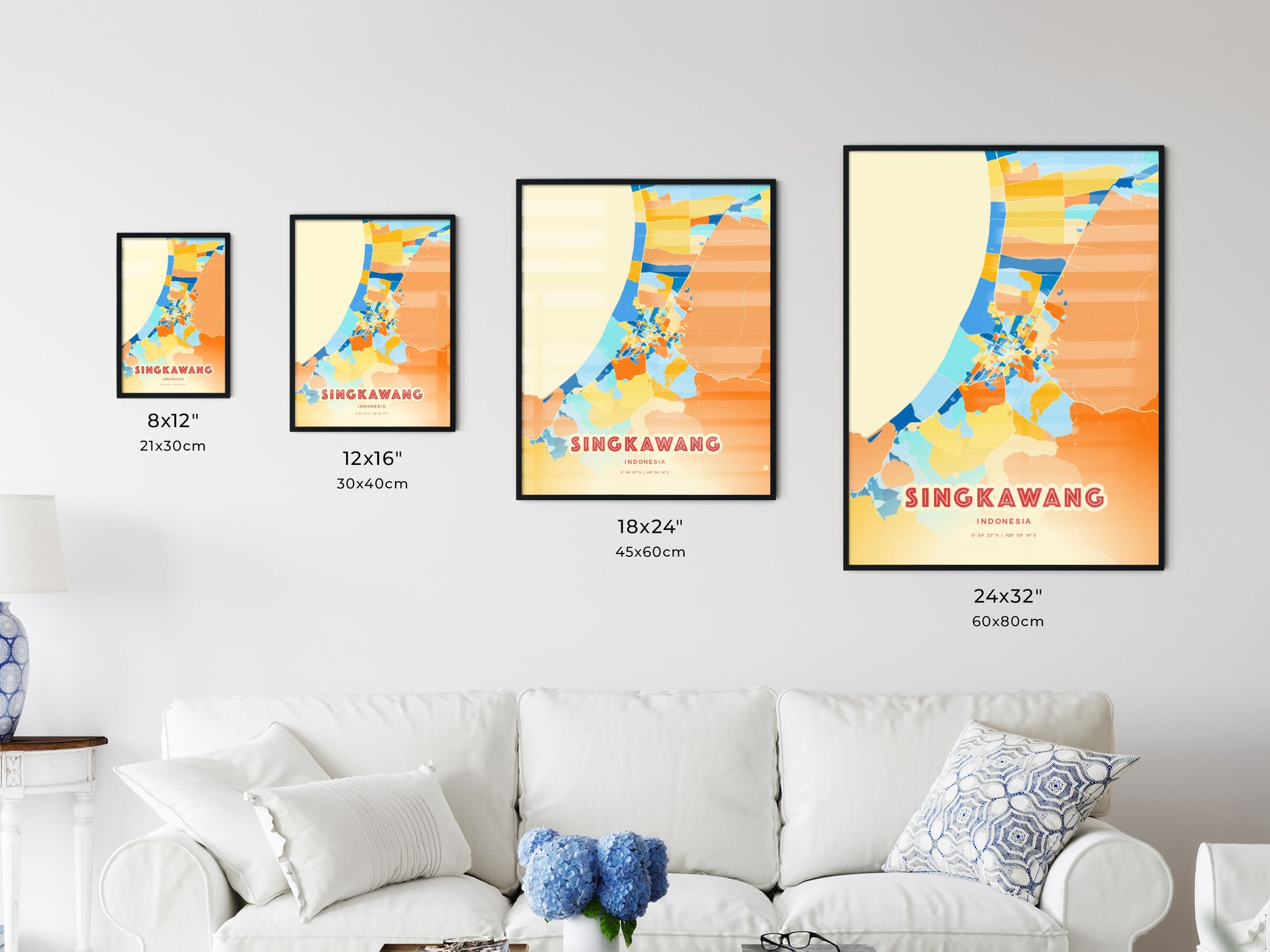 Colorful SINGKAWANG INDONESIA Fine Art Map Blue Orange