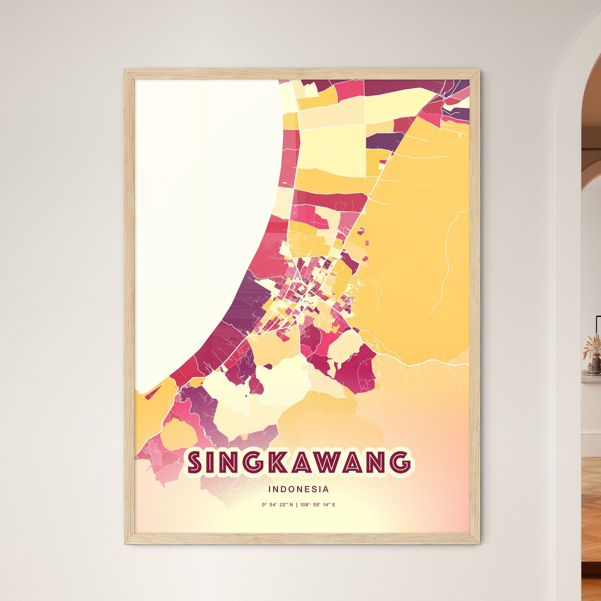 Colorful SINGKAWANG INDONESIA Fine Art Map Hot Red